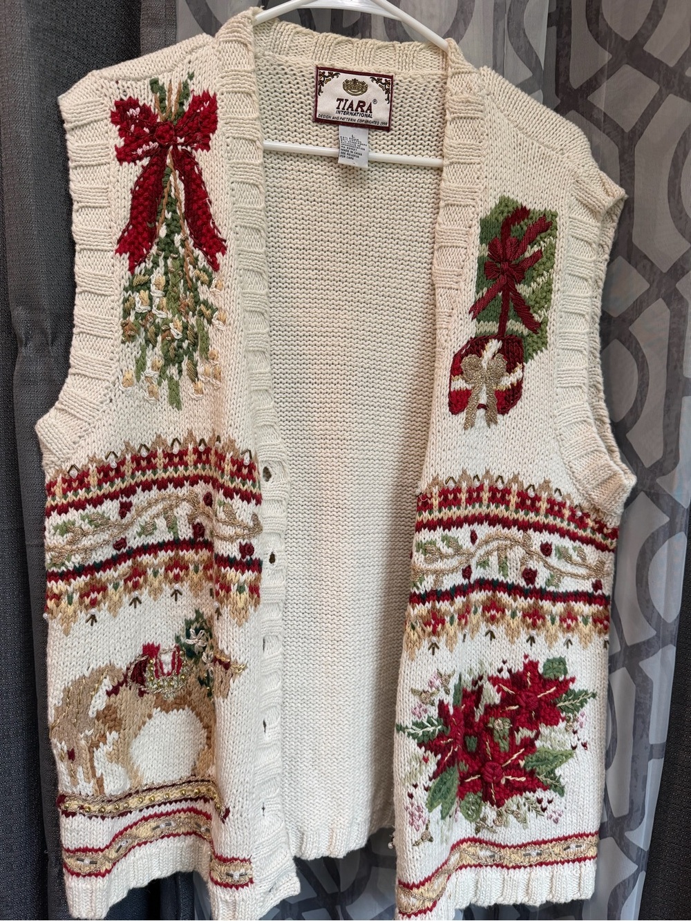 Tiara Cream Holiday Knit Vest with Red & Green Embroidery